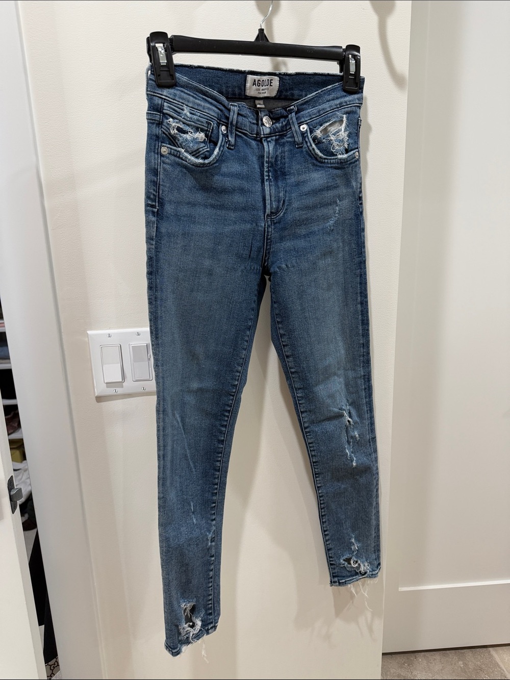 Agolde Skinny High-Rise Distressed Jeans in Medium Blue